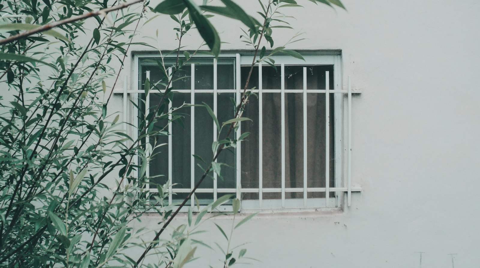 Ventana con protección de fierro blanca en un muro claro